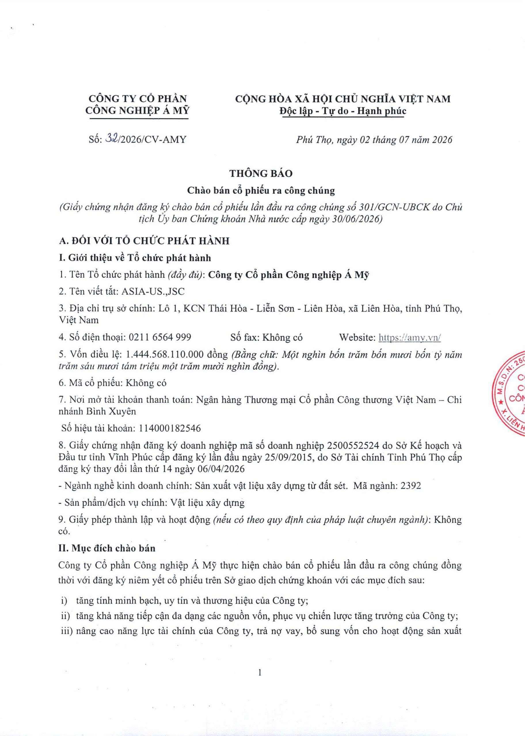 Công ty Cổ phần Công nghiệp Á Mỹ (AMY GRUPO) thông báo chào bán 16.100.000 cổ phiếu lần đầu ra công chúng (Kỳ 1)